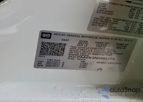 2022 Chevrolet Silverado C1500 из США, поврежденный, VIN 3GCPAAEK1NG561774